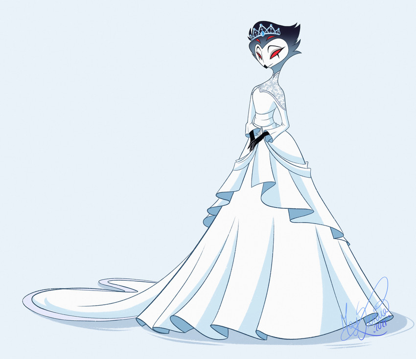 accessory anthro clothed clothing crossdressing crown dress hair hair_accessory headgear male red_sclera simple_background smile solo standing tiara wedding_dress white_background mayserena helluva_boss stolas_(helluva_boss) avian bird owl absurd_res hi_res