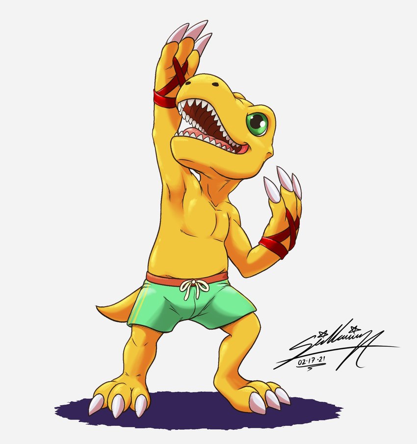 bottomwear clothing male shorts solo swimming swimming_trunks swimwear sagadreams bandai_namco digimon digimon_data_squad agumon digimon_(species) hi_res