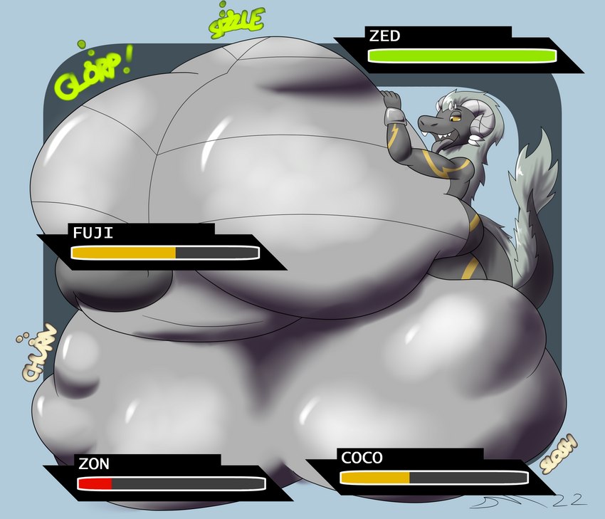 anthro balls belly big_balls big_belly bodily_fluids bodily_noises churn cock_vore cum cum_vore different_sound_effects digestion fatal_vore gameplay_mechanics genital_fluids genitals glorp grey_body gui health_bar horn huge_balls huge_belly hyper hyper_balls hyper_belly hyper_genitalia male markings multiple_prey onomatopoeia open_mouth oral_vore penile penis rumbling_stomach sizzling slosh sloshing_balls sound_effects tail text tongue tongue_out vore yellow_eyes dirtymac mythology zedex dragon mythological_creature mythological_scalie scalie absurd_res hi_res