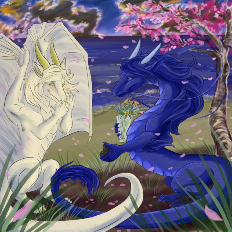 beach blue_body blue_hair detailed_background duo female female/female feral flower hair horn membrane_(anatomy) membranous_wings outside plant proposal romantic romantic_ambiance romantic_couple sea seaside tail water white_hair wings madame_(artist) mythology lexis_rinyal sorika_mai_selena dragon mythological_creature mythological_scalie scalie 1:1 2012 hi_res