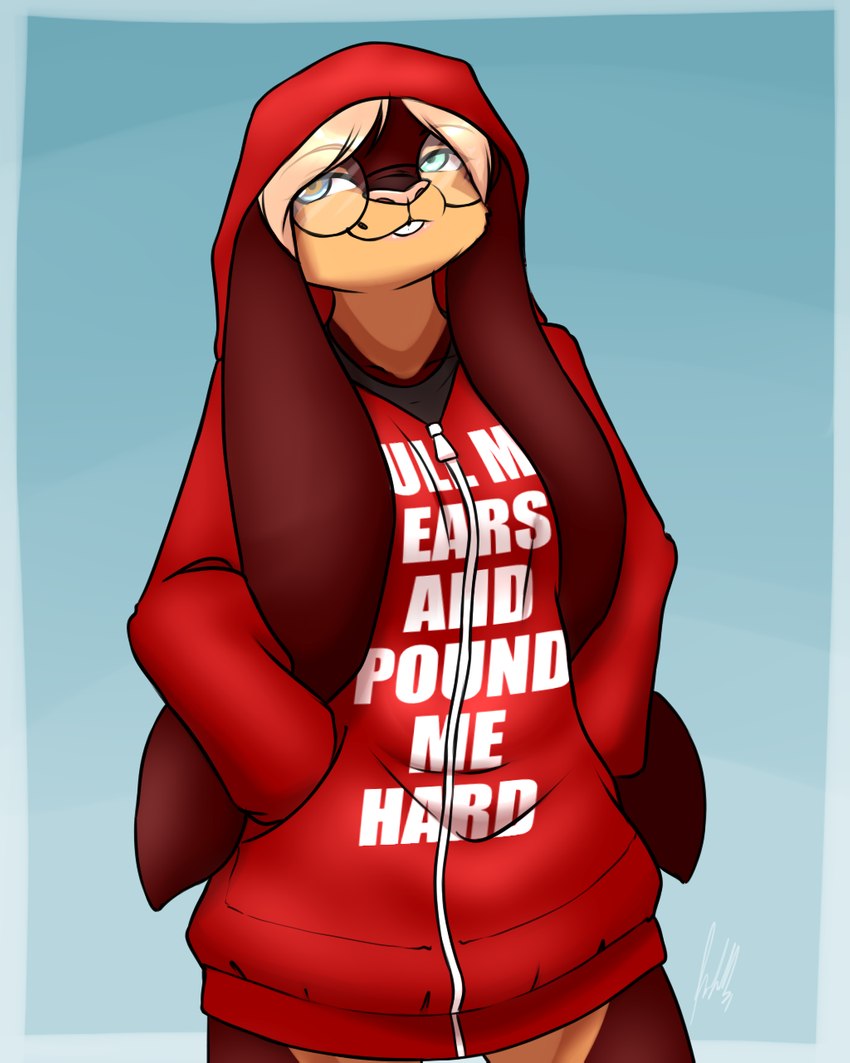 anthro big_ears biped blonde_hair blue_background blue_eyes bottomless breasts brown_body brown_ears brown_fur buckteeth clothed clothing eyewear female floppy_ears front_view fur glasses green_eyes hair hand_in_pocket hands_in_both_pockets heterochromia hoodie hoodie_only long_ears looking_at_viewer lop_ears medium_breasts monotone_hair multicolored_body multicolored_fur pink_nose pockets red_clothing red_hoodie red_topwear short_hair simple_background smile solo standing suggestive_shirt suggestive_topwear tan_body tan_fur teeth text text_on_clothing text_on_hoodie text_on_topwear topwear topwear_only two_tone_body two_tone_fur furball annalie lagomorph leporid mammal rabbit 4:5 digital_media_(artwork) english_text hi_res portrait three-quarter_portrait herm_(lore)