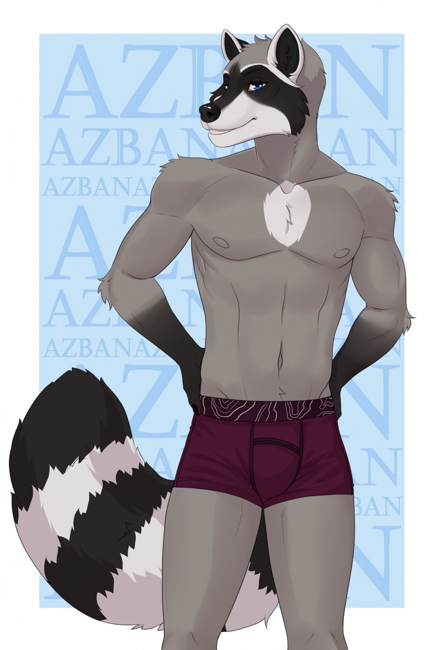 anthro athletic blue_eyes clothed clothing male mostly_nude pose posing_for_picture shirtless shirtless_male smile solo underwear underwear_only sajophoe azban mammal procyonid raccoon hi_res