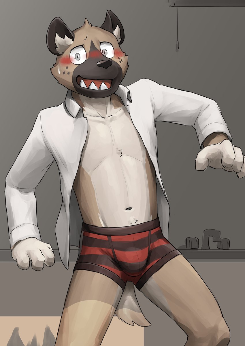 anthro blush brown_body brown_fur bulge clothed clothing embarrassed fur looking_at_viewer male navel open_clothing open_shirt open_topwear shirt solo tail topwear underwear barontoko aggretsuko sanrio haida_(aggretsuko) hyena mammal spotted_hyena 2024 absurd_res hi_res