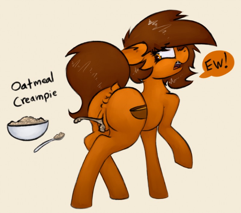 anus bodily_fluids bowl braces brown_body brown_fur brown_hair brown_skin butt container cum cum_inside cutie_mark cutlery ears_down female feral food fur genital_fluids genitals hair kitchen_utensils looking_back oatmeal open_mouth orange_eyes pivoted_ears pussy quadruped raised_tail simple_background solo speech_bubble spoon standing tail text tools white_background marsminer hasbro my_little_pony fan_character venus_spring equid equine horse mammal pony 2017 english_text hi_res