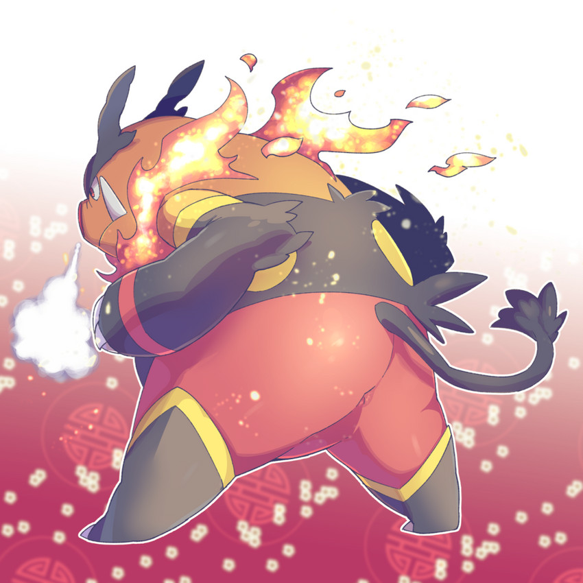 ambiguous_gender anthro biped butt fire kemono orange_body overweight overweight_anthro red_body solo un0sk nintendo pokemon emboar generation_5_pokemon pokemon_(species) 1:1 2016