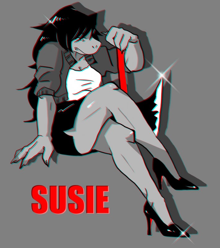 anthro axe biped bottomwear breasts chromatic_aberration cleavage clothed clothing female footwear fully_clothed hair high_heels jacket long_hair melee_weapon non-mammal_breasts pumps shirt shoes simple_background skirt solo topwear weapon ekke_(artist) deltarune undertale_(series) susie_(deltarune) mammal reptile scalie 2018 digital_media_(artwork) hi_res partially_colored