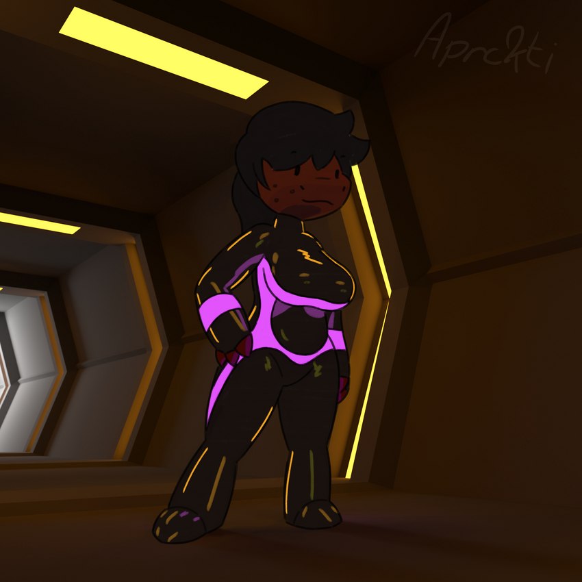 3d_background anthro big_breasts breasts brown_hair clothing female fingerless_armwear freckles futuristic glistening glistening_clothing glowing_cothing hair messy_hair non-mammal_breasts ponytail purple_body purple_glow purple_scales reflective scales science_fiction smile solo suit thick_thighs tight_clothing queen_susie deltarune undertale_(series) susie_(deltarune) lizard reptile scalie 1:1 absurd_res hi_res