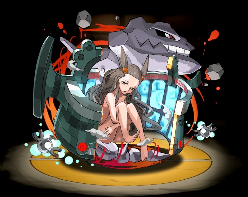 1_eye ambiguous_gender black_background breasts brown_eyes brown_hair duo female gym_leader hair human_focus looking_at_viewer machine magnet not_furry_focus nude red_eyes simple_background cosmo_(artist) nintendo pokemon jasmine_(pokemon) bronzong generation_1_pokemon generation_2_pokemon generation_4_pokemon human magnemite mammal pokemon_(species) scalie steelix