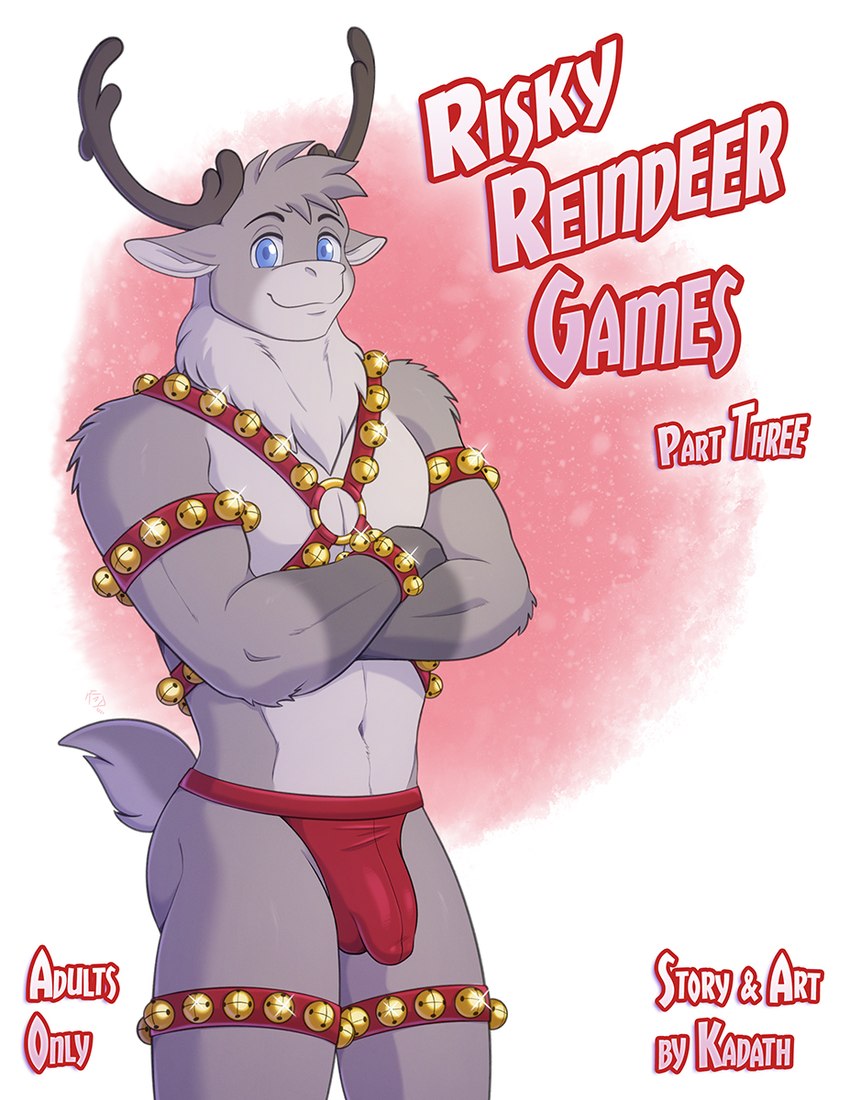 anthro antlers bell bell_harness bulge clothing crossed_arms detailed_bulge fur genital_outline grey_body grey_fur harness horn jockstrap male navel penis_outline smile solo tail text underwear conditional_dnp kadath rudy_(kadath) deer mammal new_world_deer reindeer 2024 comic cover cover_art cover_page english_text hi_res