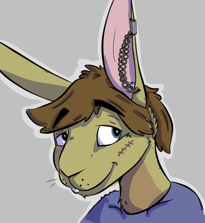 anthro blue_clothing blue_eyes blue_topwear brown_hair closed_smile clothed clothing facial_scar green_body hair male mouth_closed scar short_hair smile solo teeth topwear bucklebunny lagomorph leporid mammal rabbit bust_portrait portrait