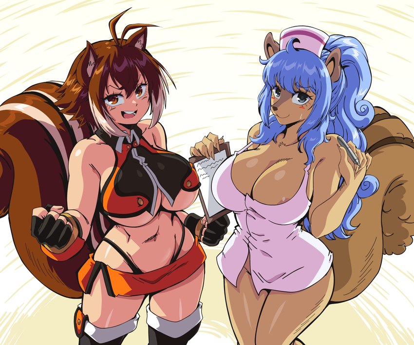 anthro areola areola_slip big_breasts big_tail blue_hair breasts brown_body brown_eyes brown_fur brown_hair cleavage clipboard clothed clothing collarbone curvy_figure duo eyebrows eyelashes female fingerless_gloves fur gloves hair handwear hat headgear headwear hourglass_figure huge_tail inner_ear_fluff long_hair looking_at_viewer midriff navel nurse nurse_clothing nurse_hat nurse_headwear nurse_uniform open_mouth pen ponytail short_hair small_waist tail tuft under_boob uniform wide_hips lewdamone arc_system_works blazblue one_piece makoto_nanaya tristan_(one_piece) animal_humanoid humanoid mammal mammal_humanoid minkmen_(one_piece) rodent rodent_humanoid sciurid sciurid_humanoid tree_squirrel_humanoid 2023 6:5 hi_res