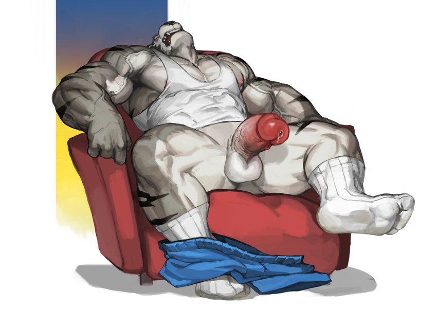 abs anthro balls biceps bottomwear bottomwear_around_one_leg bottomwear_down chair clothing clothing_around_one_leg deltoids erection eyewear facial_scar footwear fur furniture genitals glans glasses grey_body grey_fur grey_hair hair head_back humanoid_genitalia humanoid_penis male multicolored_body multicolored_fur muscular muscular_male muscular_thighs nipples on_chair open_mouth pants pants_around_one_leg pecs penis scar shirt sitting sitting_on_chair snout snout_scar socks solo striped_body striped_fur stripes tank_top tired topwear two_tone_body two_tone_fur vein veiny_muscles white_body white_clothing white_footwear white_fur white_shirt white_socks white_tank_top white_topwear traver009 felid mammal pantherine tiger 2022 hi_res