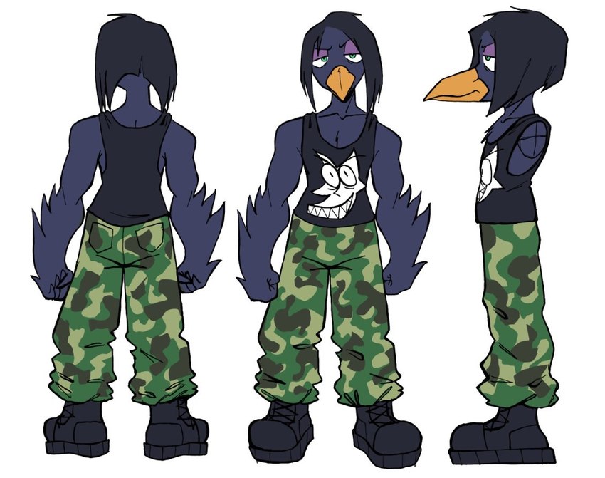 anthro black_hair bottomwear camo camo_clothing camo_print cargo_pants clothing hair looking_at_viewer male pants pattern_clothing print_clothing print_shirt print_topwear shirt solo standing tank_top topwear aaaaaron122 vtuber markmurders avian bird corvid corvus_(genus) crow oscine passerine model_sheet signature