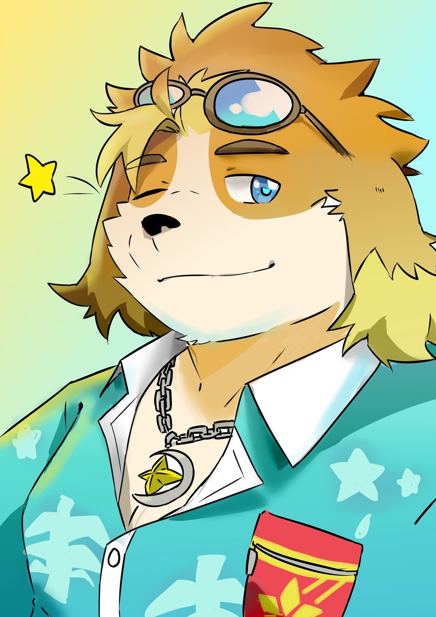 aloha_shirt anthro blonde_hair blue_eyes clothing eyewear flirting floppy_ears hair jewelry male necklace one_eye_closed pattern_clothing pattern_shirt pattern_topwear shirt smile solo sunglasses topwear wink l3yj2vcknincza7 lifewonders live_a_hero hisaki_(live_a_hero) canid canine canis domestic_dog mammal hi_res