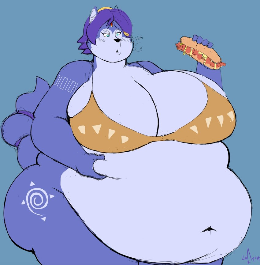 anthro belly belly_grab big_belly big_breasts big_butt black_nose blue_background blue_body blue_eyes blue_fur blue_hair blue_tail blush breasts breath butt cleavage clothed clothing female food fur fur_markings hair headgear headwear holding_food holding_object holding_sandwich huge_belly huge_breasts huge_butt hyper hyper_belly markings morbidly_obese morbidly_obese_anthro morbidly_obese_female navel obese obese_anthro obese_female open_mouth overweight overweight_anthro overweight_female sandwich_(food) simple_background solo tail weight_gain ladiesman217 nintendo star_fox krystal_(star_fox) canid canine fox mammal 2024 artist_name digital_drawing_(artwork) digital_media_(artwork) hi_res portrait signature three-quarter_portrait