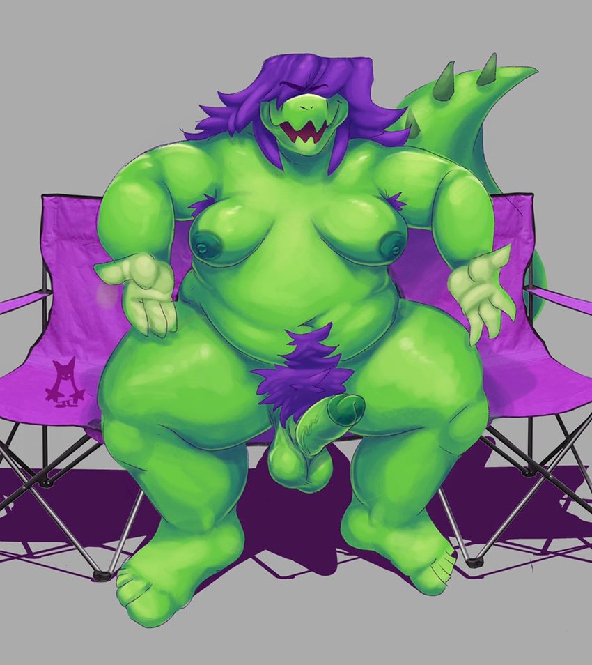 anthro balls belly big_balls big_belly big_breasts big_tail breasts claws deep_navel erection folding_chair front_view genitals green_body green_scales green_spines gynomorph hair hair_over_eyes humanoid_genitalia humanoid_penis intersex looking_at_viewer love_handles navel nipples non-mammal_breasts non-mammal_nipples nude obese obese_anthro obese_gynomorph obese_intersex obscured_eyes open_mouth overweight overweight_anthro overweight_gynomorph overweight_intersex penis presenting presenting_penis pubes purple_hair purple_pubes scales sharp_teeth simple_background sitting solo spread_legs spreading tail tail_spines teeth thick_tail thick_thighs vein veiny_penis wide_hips epitaphkho_(artist) mercedes_(epitaphkho) crocodilian reptile scalie