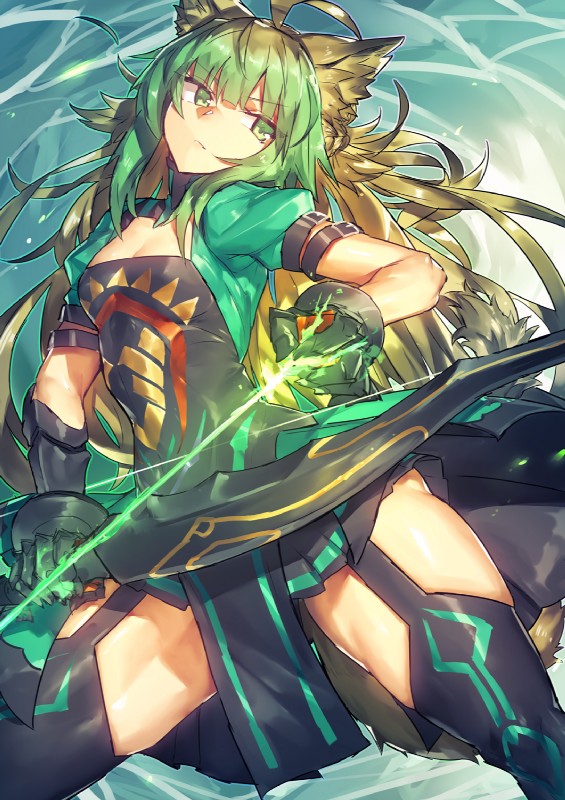 accessory arrow_(weapon) blonde_hair bow_(weapon) breasts cleavage clothed clothing dress female garter gloves green_eyes green_hair hair handwear holding_object holding_weapon legwear long_hair multicolored_hair ranged_weapon solo thigh_highs weapon melon22 fate_(series) type-moon archer_of_red atalanta_(fate) animal_humanoid cat_humanoid felid felid_humanoid feline feline_humanoid humanoid mammal mammal_humanoid hi_res