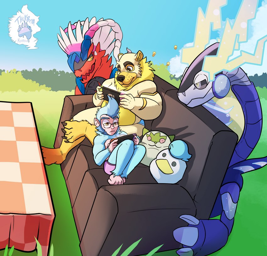 anthro clothed clothing furniture holding_object male male_anthro mane on_sofa sofa underwear underwear_only thekinkybear nintendo nintendo_switch pokemon bax_(monkeydbax) karou_(thekbear) ancient_pokemon apex_build_koraidon future_pokemon generation_9_pokemon koraidon legendary_pokemon miraidon paradox_pokemon pokemon_(species) ultimate_mode_miraidon absurd_res hi_res