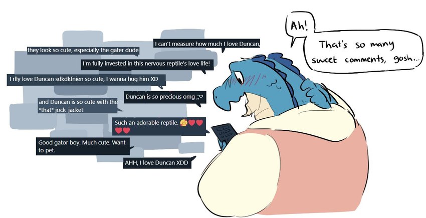 anthro biped blue_body blush clothing comments electronics emoji heart_symbol hoodie phone solo speech_bubble text topwear xdd doginacafe duncan_(doginacafe) crocodile crocodilian reptile scalie 2021 english_text