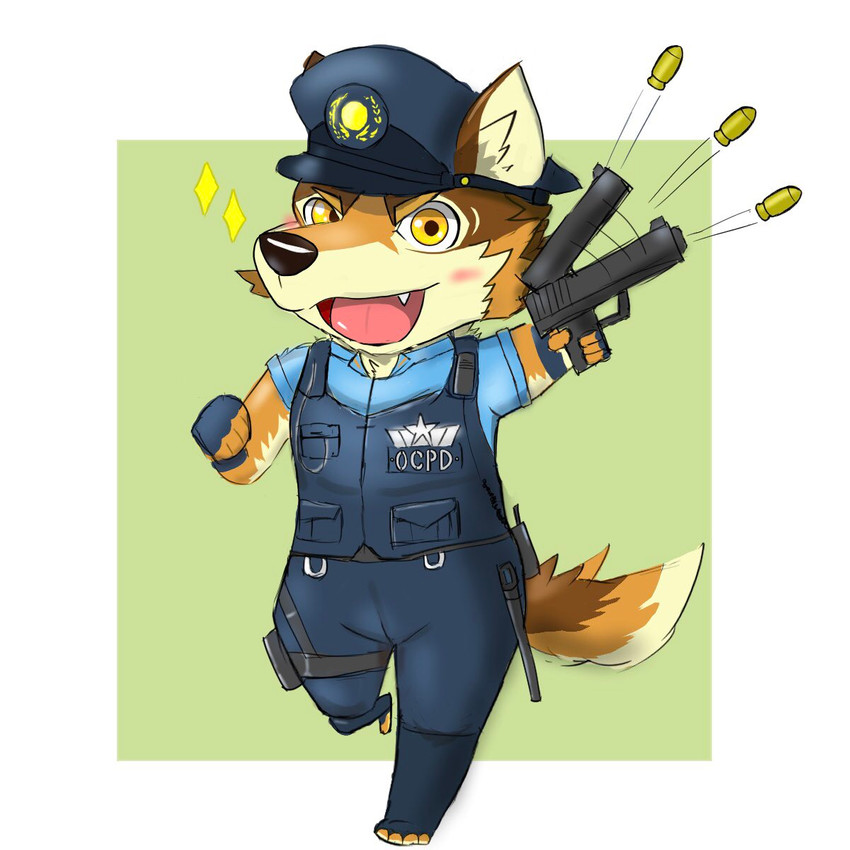 anthro blush bullet chibi clothing countershading fur gun handgun holding_gun holding_handgun holding_object holding_pistol holding_ranged_weapon holding_weapon male multicolored_body multicolored_fur pistol police police_uniform ranged_weapon reckless shooting solo uniform weapon hiroto_ue lifewonders live_a_hero barrel_(live_a_hero) canid canine canis mammal wolf 1:1 hi_res