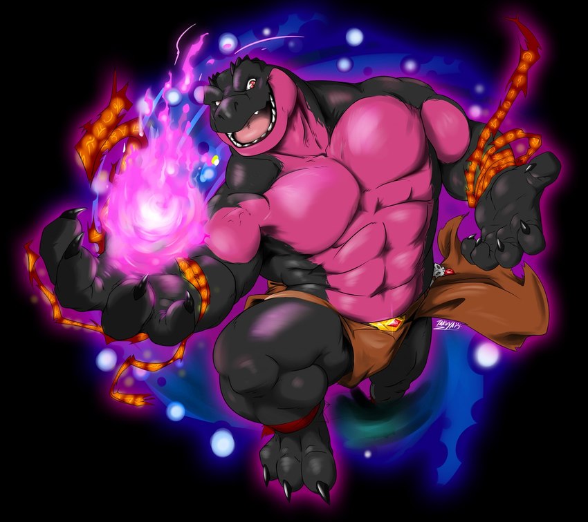 anthro black_body black_scales claws clothed clothing magic magic_user male muscular muscular_anthro muscular_male open_mouth partially_clothed pink_body pink_scales scales solo timberwolfmax akeru alligator alligatorid crocodilian reptile scalie