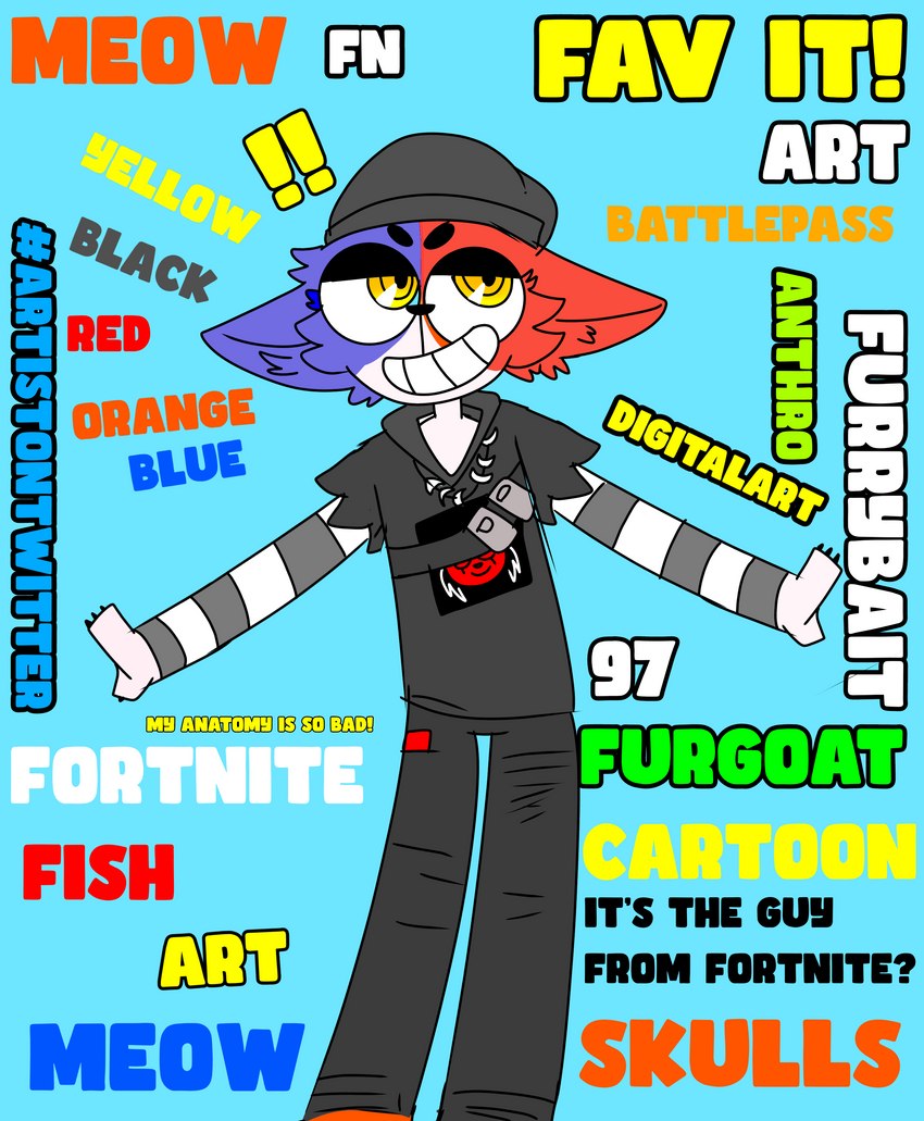 alternative_fashion ambiguous_gender anthro black_bottomwear black_clothing black_pants black_shirt black_topwear blue_background bottomwear clothing fur orange_body orange_fur pants punk red_phone shirt simple_background simple_coloring simple_eyes solo spread_arms text text_box toony toony_expression toony_eyes topwear yellow_eyes cartoonfurgoat97 epic_games fortnite meow_skulls domestic_cat felid feline felis mammal absurd_res colorful_theme digital_media_(artwork) english_text hi_res female_(lore)