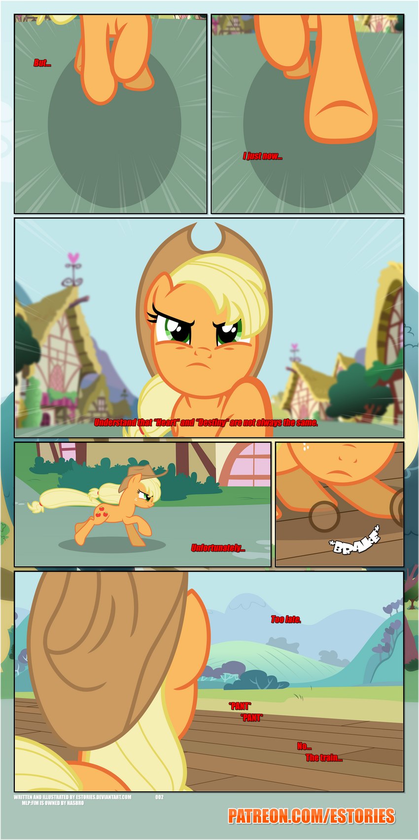 black_border border building clothing cowboy_hat cutie_mark determined dialogue duo female feral frown hat headgear headwear hill narrowed_eyes outside plant ponyville running shrub train_station tree estories friendship_is_magic hasbro my_little_pony applejack_(mlp) earth_pony equid equine horse mammal pony absurd_res hi_res