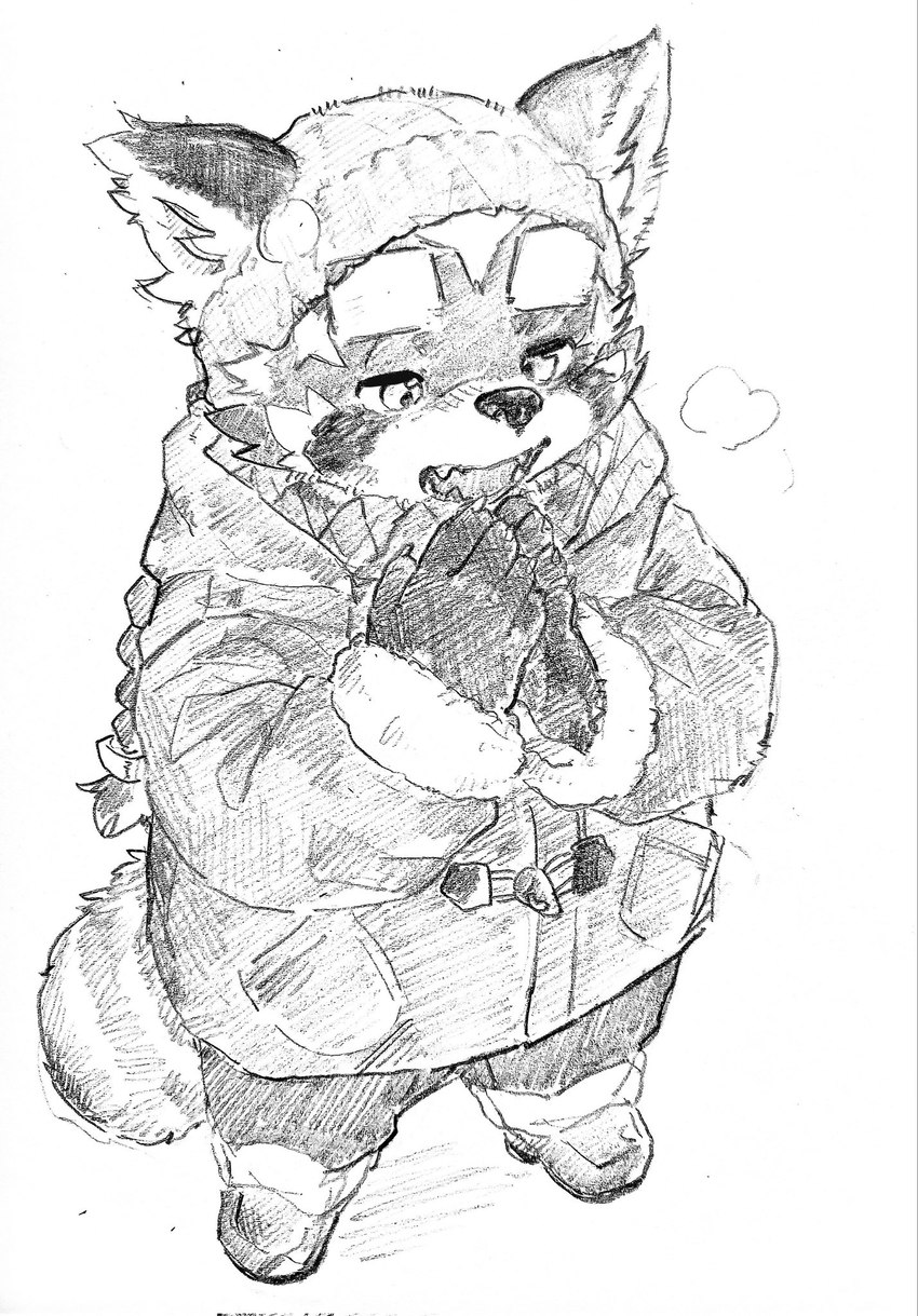 anthro beanie braided_hair braided_ponytail clothing coat hair hat headgear headwear male ponytail slightly_chubby solo topwear young zimsanada2 lifewonders tokyo_afterschool_summoners zhurong_(tas) ailurid mammal red_panda hi_res monochrome sketch