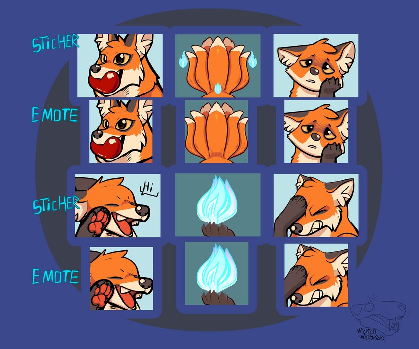 black_body black_fur dialogue elemental_manipulation facepalm feral fire fire_manipulation fur gesture heart_symbol magic multi_tail newyearskitsune open_mouth orange_body orange_eyes orange_fur pawpads sticker sticker_pack tail teeth_showing waving wicked_whiskers zgf_art canid canine fox mammal 2023 hi_res