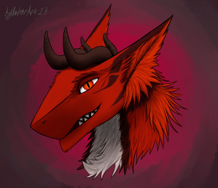 anthro fur horn male pink_background red_body red_eyes red_fur simple_background solo white_body white_fur aydaharart allanthesergal52_(character) sergal headshot_portrait portrait