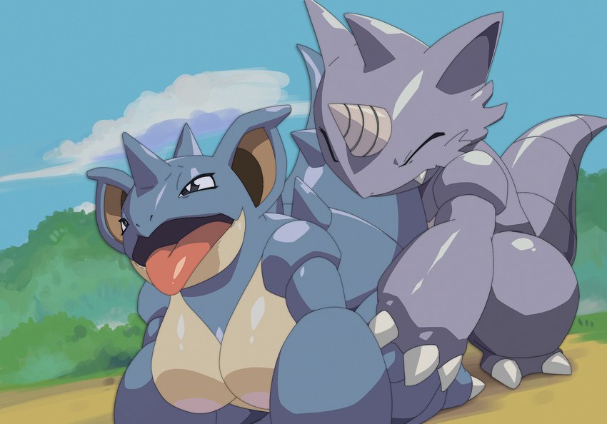 ambiguous_penetration anthro biped blue_body breasts duo featureless_breasts female female_penetrated grey_body male male/female male_penetrating male_penetrating_female penetration sex tongue tongue_out hidoihito nintendo pokemon generation_1_pokemon nidoqueen pokemon_(species) rhydon hi_res