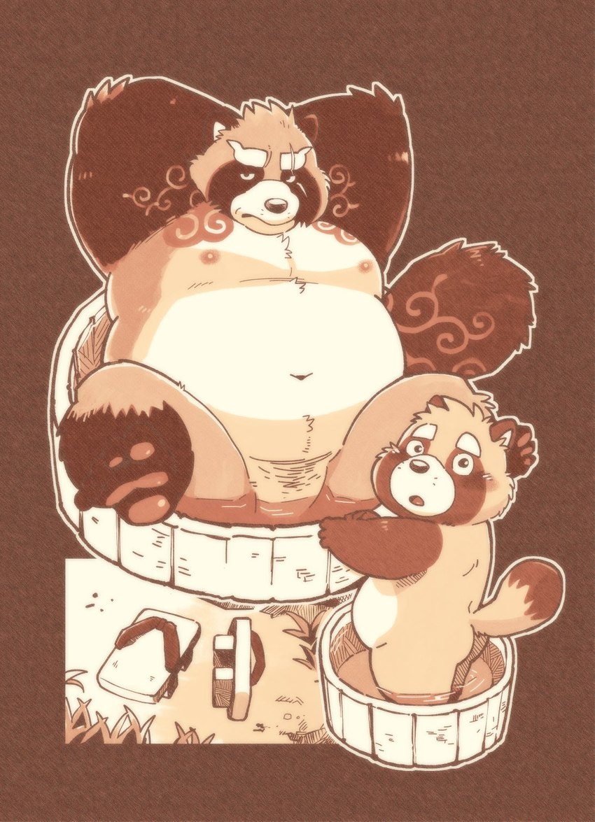 anthro bathing bathtub belly blush butt clothing duo eyebrows footwear male navel nipples nude overweight overweight_male sandals scar shoes slightly_chubby tattoo thick_eyebrows water young young_anthro garouzuki lifewonders tokyo_afterschool_summoners gyobu's_underlings gyobu_(tas) canid canine mammal raccoon_dog tanuki hi_res