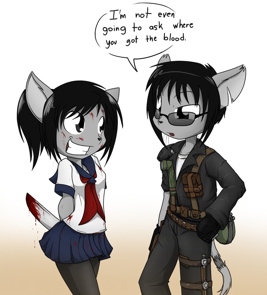 anthro belt black_hair blood bodily_fluids bottomwear bow_ribbon clothing costume dialogue duo eyewear female fingers fur glasses gloves grey_body grey_fur hair hands_behind_back handwear knife male mile school_uniform simple_background simple_eyes skirt standing sunglasses teeth text uniform whiskers white_background sandwich-anomaly mad_max yandere_simulator van_(sandwich-anomaly) vanessa_(sandwich-anomaly) domestic_cat felid feline felis mammal 2015 digital_media_(artwork) english_text brother_(lore) brother_and_sister_(lore) sibling_(lore) sister_(lore)