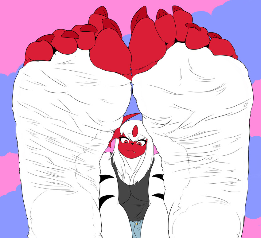 5_toes big_breasts black_clothing black_topwear blue_bottomwear blue_clothing blue_jeans blue_pants bottomwear breasts clothing denim denim_bottomwear denim_clothing feet female foot_focus fur hair humanoid_feet jeans looking_at_viewer pants plantigrade pokemorph red_eyes red_toe_claws red_toes soles solo toes topwear white_body white_feet white_fur white_hair 44vex nintendo pokemon absol generation_3_pokemon humanoid pokemon_(species) shiny_pokemon 2020 absurd_res digital_media_(artwork) flat_colors hi_res