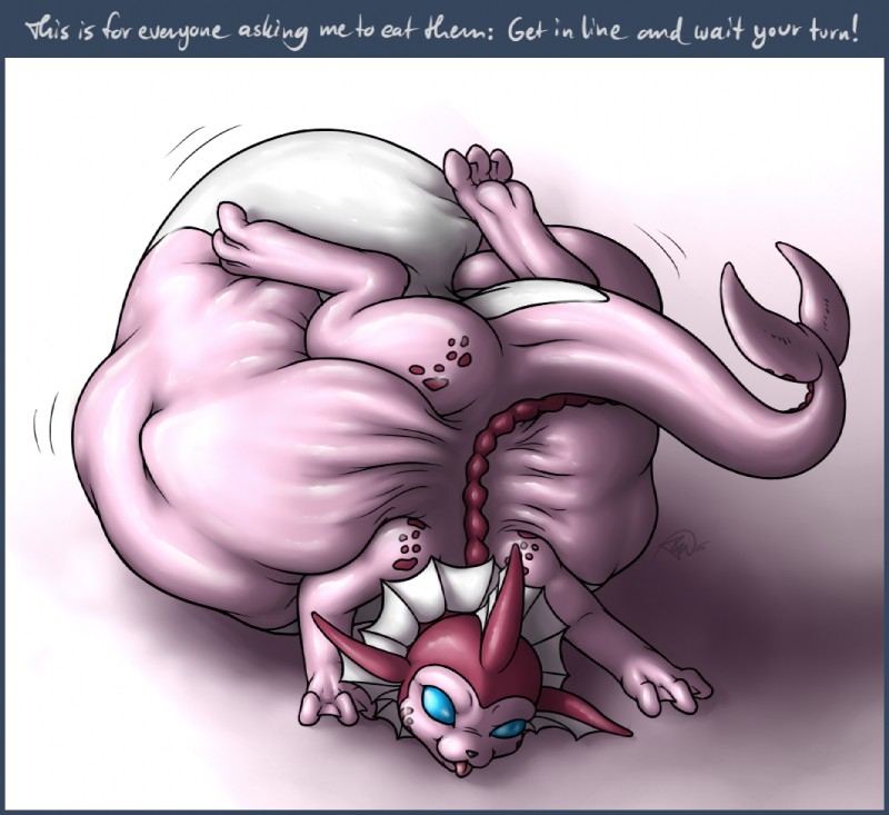 ambiguous_gender feral pink_body pink_skin same_size_vore soft_vore solo tail text vore forceswerwolf nintendo pokemon fan_character mary_the_vaporeon eeveelution generation_1_pokemon pokemon_(species) shiny_pokemon vaporeon english_text