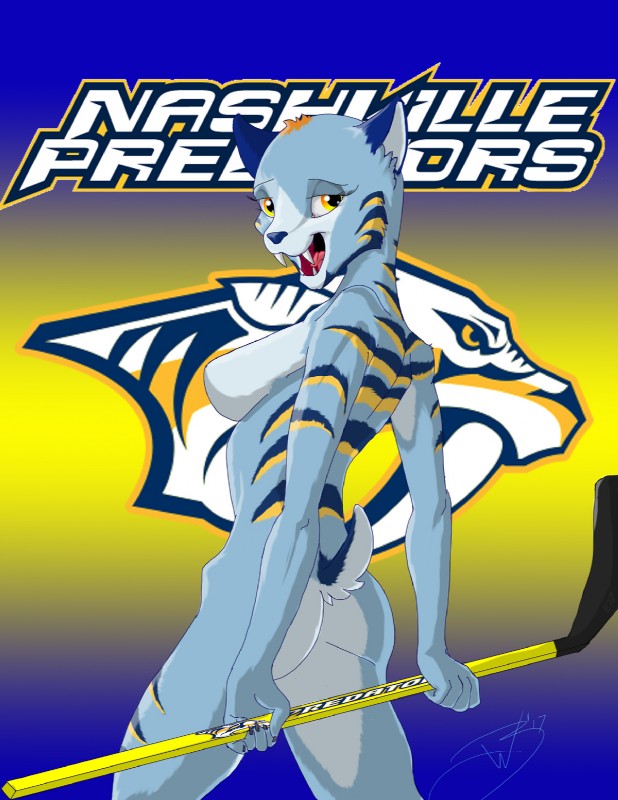 anthro blue_body blue_fur breasts butt claws fangs female fur hockey hockey_stick looking_at_viewer looking_back nude open_mouth orange_eyes simple_background smile solo sport stripes teeth text tongue thefishe77 nashville_predators nhl gnash felid mammal prehistoric_species saber-toothed_tiger 2017 hi_res signature