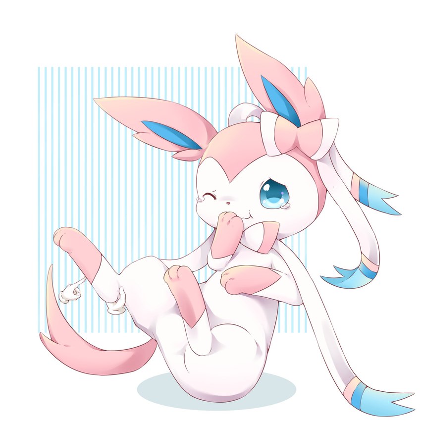 abstract_background ambiguous_gender blue_eyes blue_inner_ear blue_pupils bodily_fluids chibi crying_laughing duo feral laugh mouth_closed no_sclera one_eye_closed pink_body pink_ears pink_tail pupils semi-anthro sitting tail tears tickling unsigned white_body emolga_1 nintendo pokemon eeveelution generation_6_pokemon pokemon_(species) sylveon 1:1 hi_res