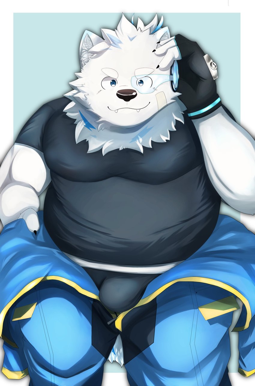 anthro belly blue_eyes bulge clothing fingerless_gloves fur gloves handwear jumpsuit male overweight overweight_male scouter shirt solo t-shirt topwear underwear white_body white_fur kt0414143919 lifewonders live_a_hero yohack canid canine canis domestic_dog mammal nordic_sled_dog samoyed spitz hi_res