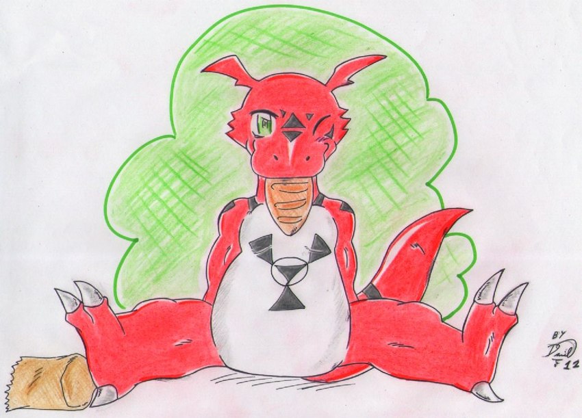 anthro belly bread claws digital_hazard eating eating_bread eating_food feet food green_eyes looking_at_viewer male multicolored_body nails one_eye_closed red_body sharp_nails sharp_toenails simple_background smile solo symbol tail toenails toes dashthefox bandai_namco digimon mythology digimon_(species) dragon guilmon mythological_creature mythological_scalie scalie 2012 traditional_media_(artwork)