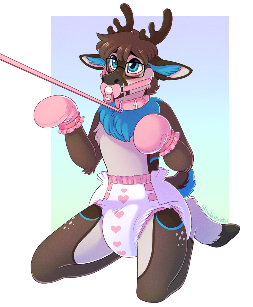 anthro blue_eyes brown_hair clean_diaper clothed clothing collar diaper eyewear gag gagged glasses gloves gradient_background hair handwear heart_print inner_ear_fluff kneeling leash male pacifier pacifier_gag pink_collar simple_background solo tuft wearing_diaper strawberryneko deer mammal hi_res