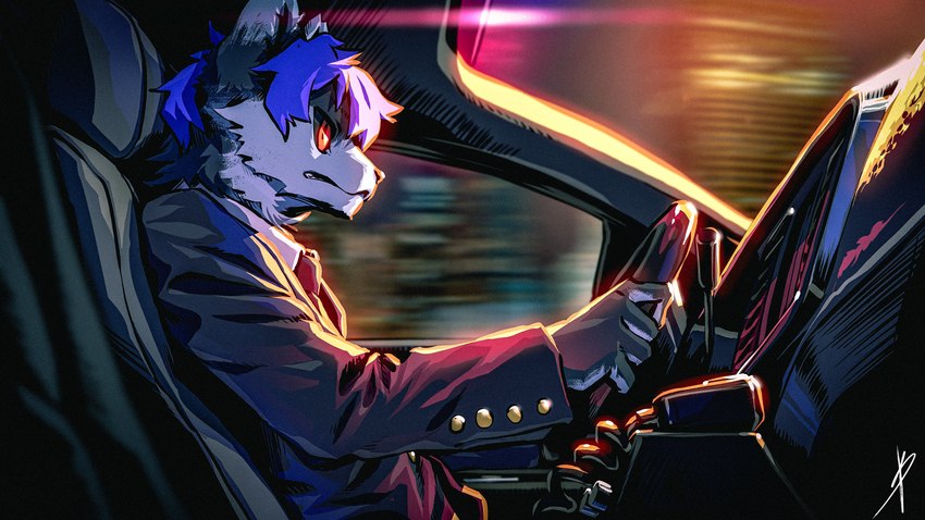 anthro black_sclera blue_hair building car cheek_tuft clenched_teeth clothed clothing cuff_links dashboard detailed_background detective driving electronics facial_tuft hair inside_car inside_vehicle light low-angle_view male male_anthro motion_blur necktie night orange_eyes police side_view sitting skyscraper solo suit_jacket teeth tuft vehicle vintage walkie-talkie blaedic leon_(leon147851) canid canine canis mammal wolf 16:9 2021 4k absurd_res half-length_portrait hi_res lighting portrait widescreen