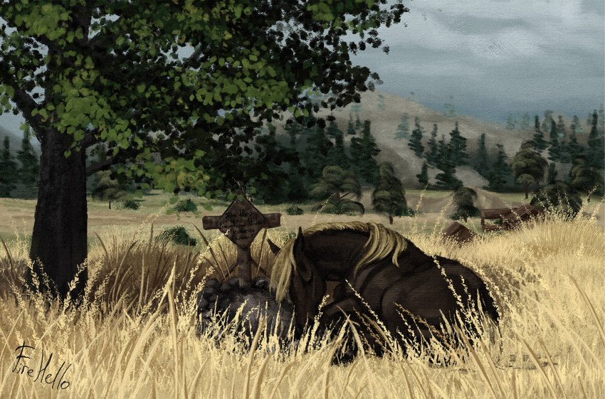 ambiguous_gender feral field forest grave grieving lying mountain on_front on_ground plant sad tree wild_west fihell red_dead_(series) rockstar_games equid equine horse mammal hi_res