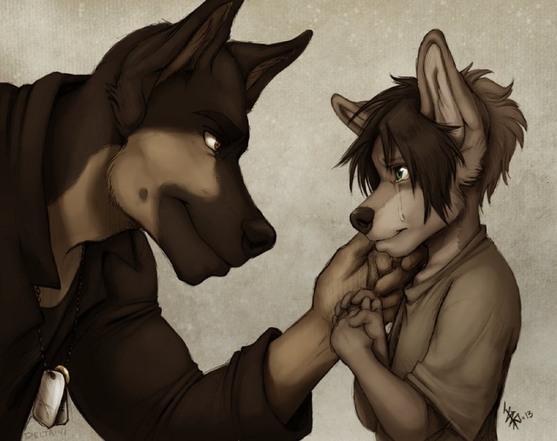 age_difference anthro bodily_fluids clothed clothing crying dog_tags duo green_eyes male simple_background tears jack_harper oomizuao ryder_(jack_harper) spike_(oomizuao) canid canine mammal monochrome