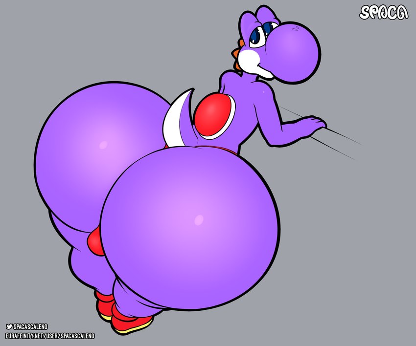 anthro big_butt bubble_butt butt clothed clothing footwear huge_butt looking_at_viewer looking_back male purple_body shell shoes simple_background solo text spaca mario_bros nintendo dinosaur prehistoric_species purple_yoshi reptile scalie yoshi absurd_res digital_media_(artwork) hi_res url