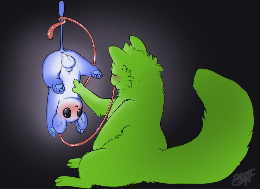 ambiguous_gender animal_genitalia anus balls blue_body blush duo fur genitals glowing glowing_body green_body green_fur lifted lifted_by_tail male pawpads sheath size_difference tail tongue upside_down benji_(artist) rain_world videocult saint_(rain_world) lantern_mouse_(rain_world) slugcat hi_res