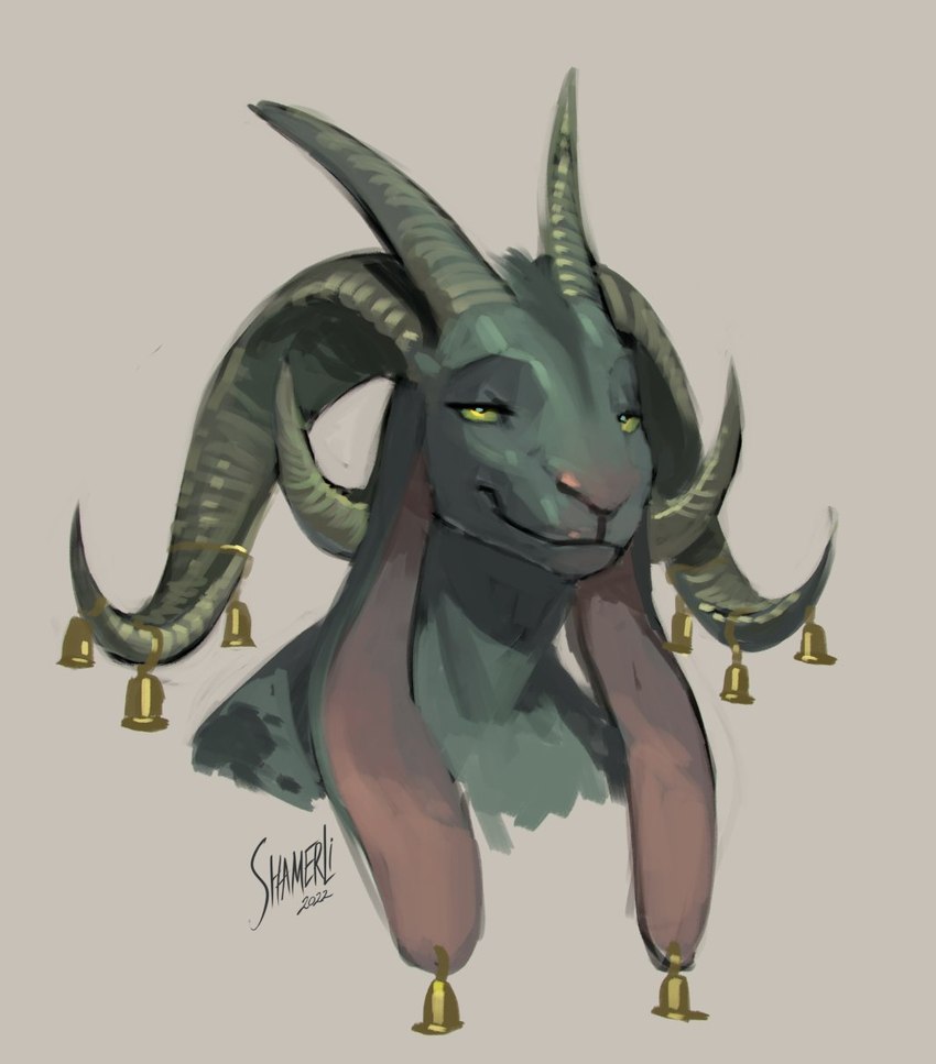 4_horns accessory anthro bell curved_horn ear_bell eyebrows eyelashes female fur furgonomics green_sclera grey_background grey_body grey_fur grey_horn half-closed_eyes horn horn_accessory horn_bell long_horn multi_horn narrowed_eyes red_nose simple_background smile smug solo shamerli bovid caprine goat mammal 2022 artist_name bust_portrait digital_media_(artwork) hi_res portrait