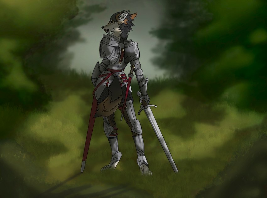 aggressive angry anthro armor bared_teeth defensive equipment female forest fur grass history holding_object holding_weapon light melee_weapon nature nature_background outside plant solo standing sword teeth teeth_showing tree weapon crowsfire canid canine canis mammal wolf hi_res