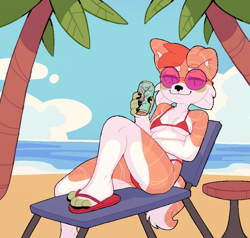 anthro beach beach_chair bikini clothing cloud eyewear female floppy_ears food footwear furniture glasses hair head_tuft orange_hair palm_tree plant sand sandals sea shoes sitting solo swimwear table tail tree tuft two-piece_swimsuit water wearing_glasses bag_of_lewds arizona_iced_tea teri_(bag_of_lewds) canid canine canis domestic_dog food_creature mammal