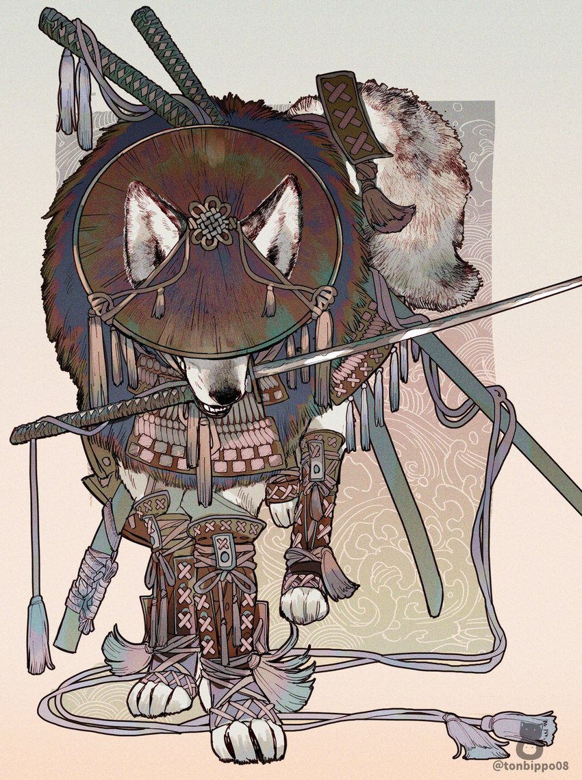 ambiguous_gender feral fur katana melee_weapon object_in_mouth obscured_eyes quadruped samurai solo sword warrior weapon white_body white_fur tonbippo08 canid canine mammal hi_res