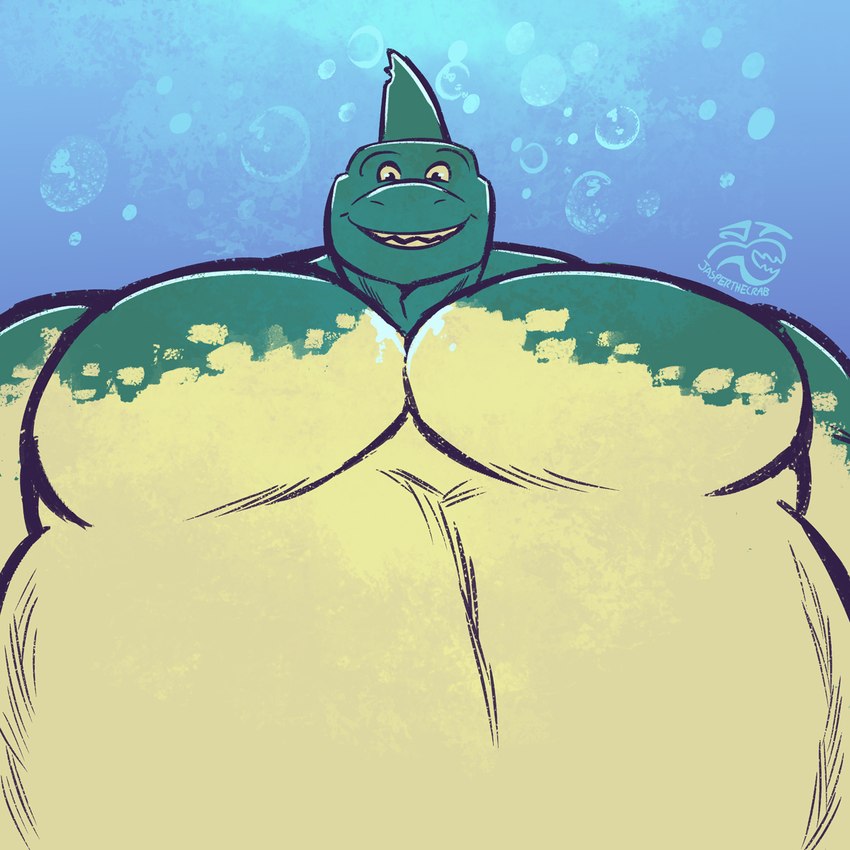 air_bubble anthro belly big_belly fin green_body joungi_(jasperthecrab) male pecs shark_fin solo underwater water jasperthecrab pec_pov_meme fish marine shark hi_res